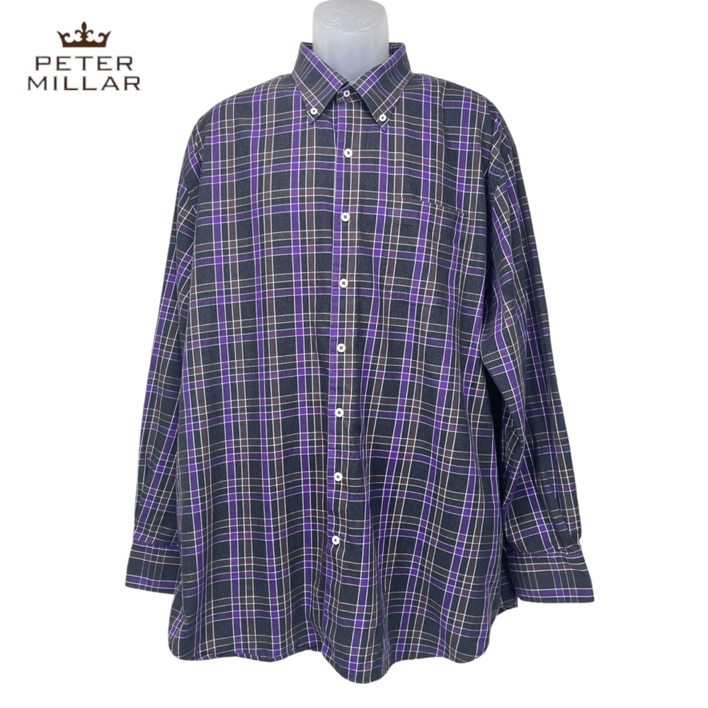 Peter Millar Men' XXL Purple/Black Long Sleeve Plaid Button Up Shirt